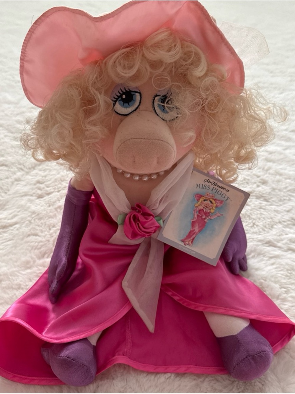Vintage Jim Henson's Miss Piggy Plush Doll Pink Satin Dress Hat Muppets w/ Tag